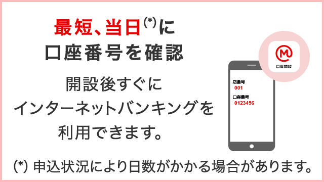 最短、当日（*）に口座番号を確認　開設後すぐにインターネットバンキングを利用できます。（*）申込状況により日数がかかる場合があります。